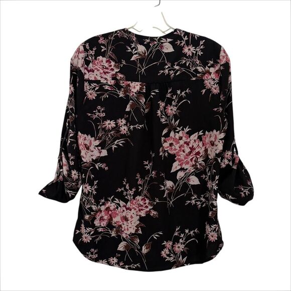 41 Hawthorn Black Floral Roll Tab Sleeve Button Down Shirt - Picture 3 of 8